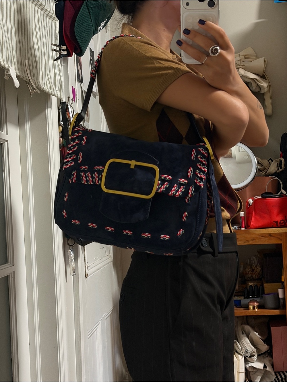 Authentic Tory Burch Navy Suede Shoulder Bag